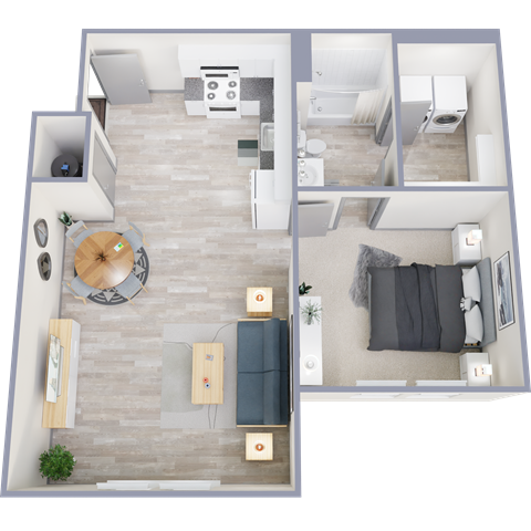 Floor plan for 1 bed, 1 bath, 701 sqft